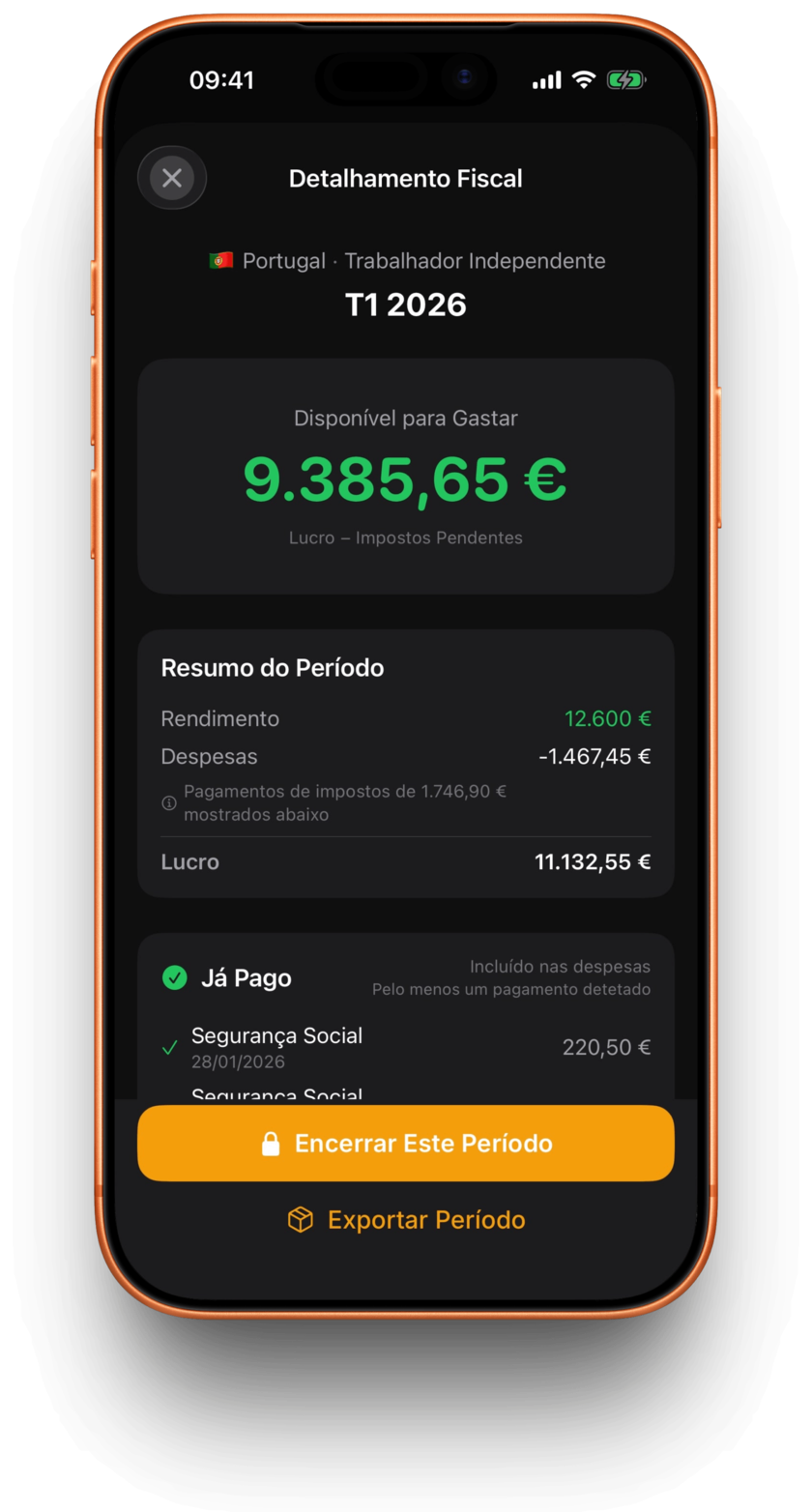 Nett a mostrar o resumo fiscal e o dinheiro disponível